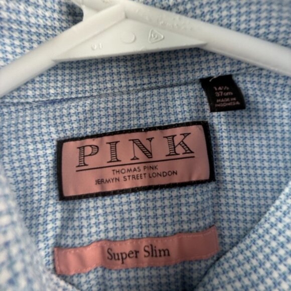 Thomas Pink Super Slim 14.5 Check Cotton Blue Shirt Long Sleeve Mens Button Up - Picture 12 of 16